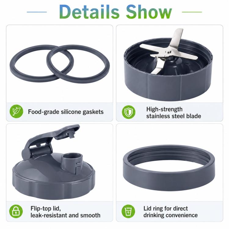7-In-1 Replacement Parts Set For NutriBullet 600W & Pro 900W Accessory Kit With 32oz Cups, Extractor Blade, Flip-Top Lid,  Lid Ring And 2 Gaskets