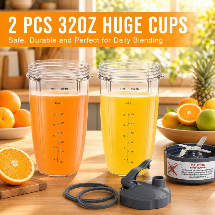 7-In-1 Replacement Parts Set For NutriBullet 600W & Pro 900W Accessory Kit With 32oz Cups, Extractor Blade, Flip-Top Lid,  Lid Ring And 2 Gaskets