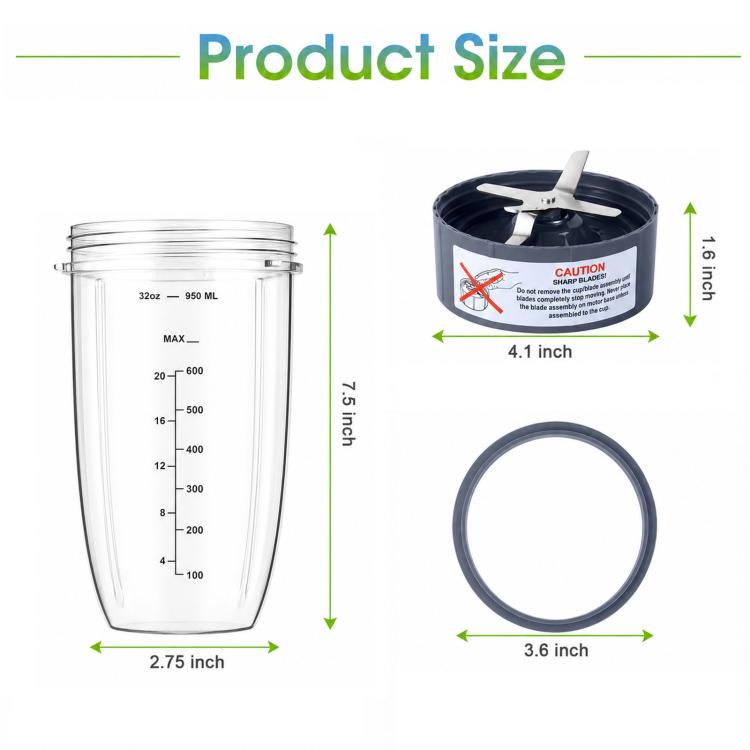 4-In-1 Replacement Parts Set For NutriBullet 600W & Pro 900W Accessory Kit With 32 Oz Large Cup, Extractor Blade And 2 Silicone Gaskets