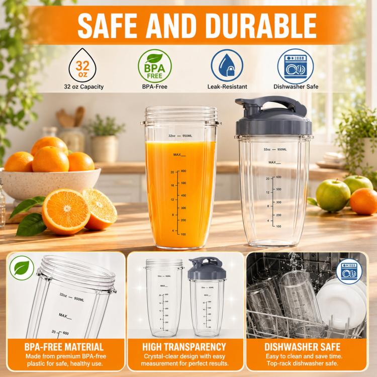 4-In-1 Replacement Parts Set For NutriBullet 600W & Pro 900W Accessory Kit With 32 Oz Large Cup, Extractor Blade And 2 Silicone Gaskets