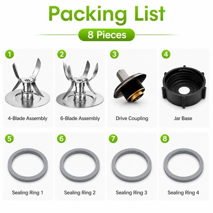 8-in-1 Blender Replacement Parts Kit For Oster Osterizer Blenders, Stainless Steel 4 & 6-Point Ice Blades, Stable 6-Rib Jar Base, Gaskets