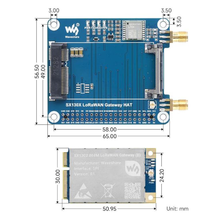 Waveshare For Raspberry Pi LoRaWAN Gateway Module Standard Mini-PCIe Socket