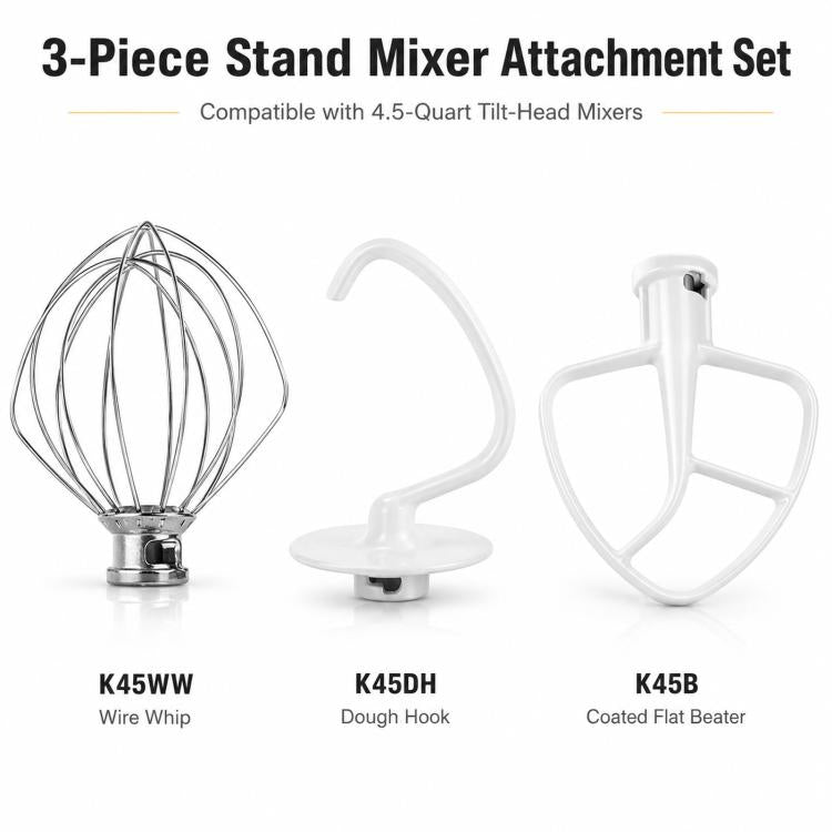 3-in-1 Stand Mixer Attachment Set For KitchenAid 4.5-Quart Tilt-Head Mixers Includes K45WW Wire Whip, K45DH Dough Hook, K45B Coated Flat Beater - White