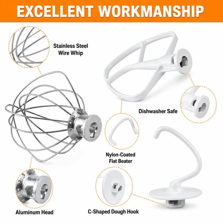3-in-1 Stand Mixer Attachment Set For KitchenAid 4.5-Quart Tilt-Head Mixers Includes K45WW Wire Whip, K45DH Dough Hook, K45B Coated Flat Beater - White
