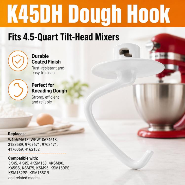 3-in-1 Stand Mixer Attachment Set For KitchenAid 4.5-Quart Tilt-Head Mixers Includes K45WW Wire Whip, K45DH Dough Hook, K45B Coated Flat Beater - White