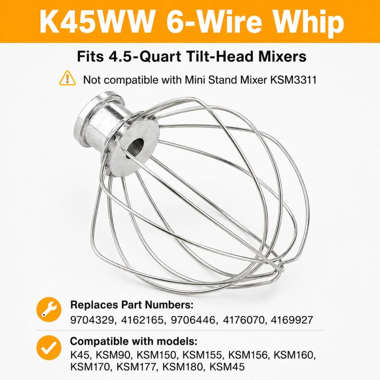 3-in-1 Stand Mixer Attachment Set For KitchenAid 4.5-Quart Tilt-Head Mixers Includes K45WW Wire Whip, K45DH Dough Hook, K45B Coated Flat Beater - White