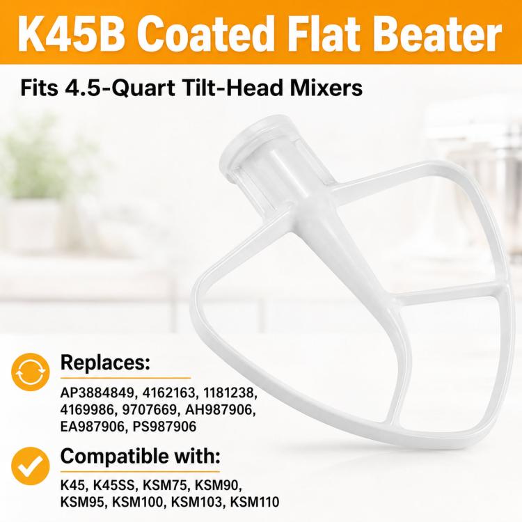 3-in-1 Stand Mixer Attachment Set For KitchenAid 4.5-Quart Tilt-Head Mixers Includes K45WW Wire Whip, K45DH Dough Hook, K45B Coated Flat Beater - White