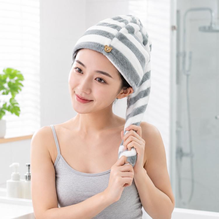 Microfiber Hair Towel Wrap for Wet Hair Striped Fast Drying Hair Turban with Cute Bear Button, Ultra Absorbent Anti-Frizz Shower Cap for Long & Curly Hair 25x65cm - Gray
