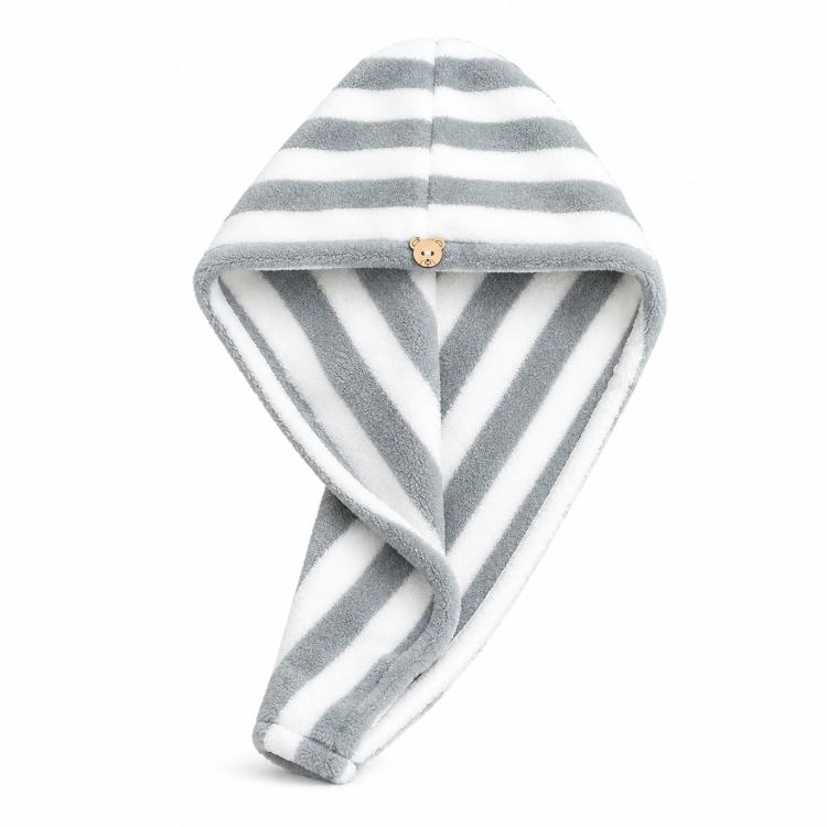 Microfiber Hair Towel Wrap for Wet Hair Striped Fast Drying Hair Turban with Cute Bear Button, Ultra Absorbent Anti-Frizz Shower Cap for Long & Curly Hair 25x65cm - Gray