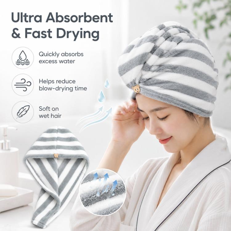 Microfiber Hair Towel Wrap for Wet Hair Striped Fast Drying Hair Turban with Cute Bear Button, Ultra Absorbent Anti-Frizz Shower Cap for Long & Curly Hair 25x65cm - Gray