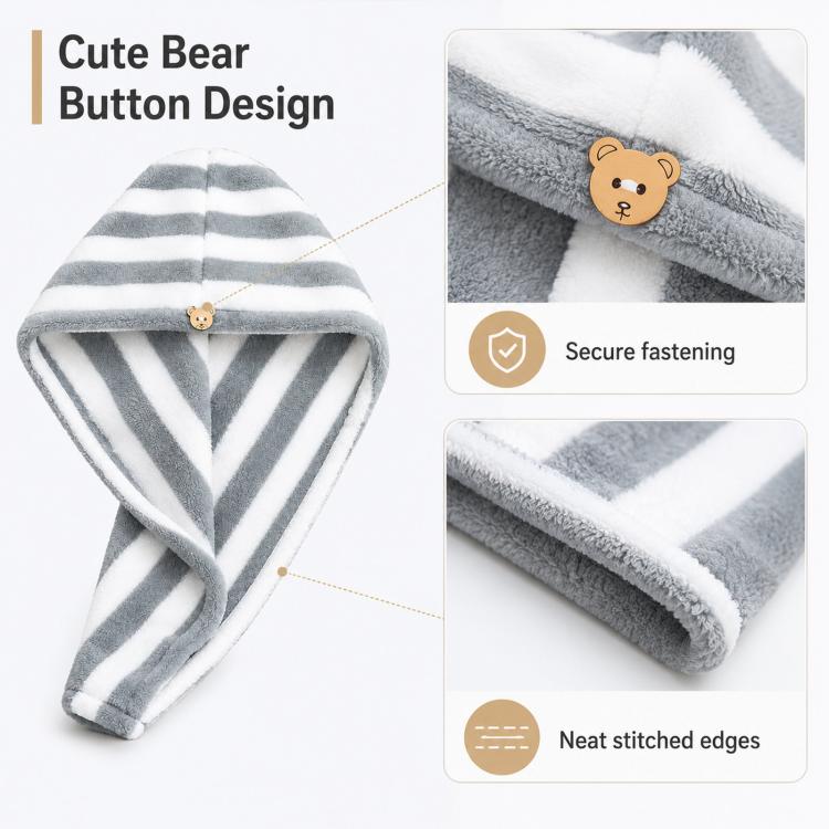 Microfiber Hair Towel Wrap for Wet Hair Striped Fast Drying Hair Turban with Cute Bear Button, Ultra Absorbent Anti-Frizz Shower Cap for Long & Curly Hair 25x65cm - Gray