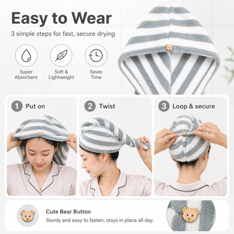 Microfiber Hair Towel Wrap for Wet Hair Striped Fast Drying Hair Turban with Cute Bear Button, Ultra Absorbent Anti-Frizz Shower Cap for Long & Curly Hair 25x65cm - Gray