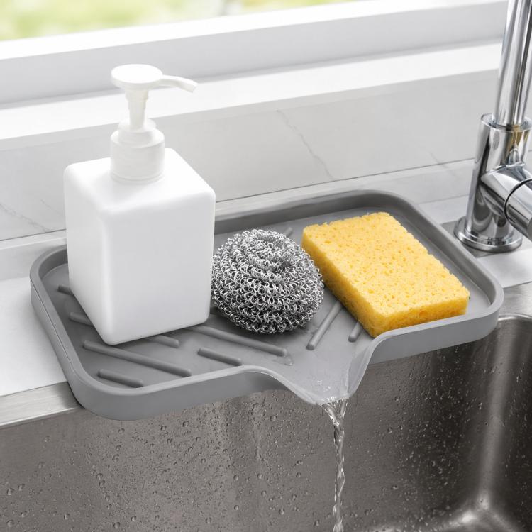 Large Silicone Sponge Holder for Kitchen Bathroom Sink 5-Degree Slanted Sink Tray with Drain Spout - Gray