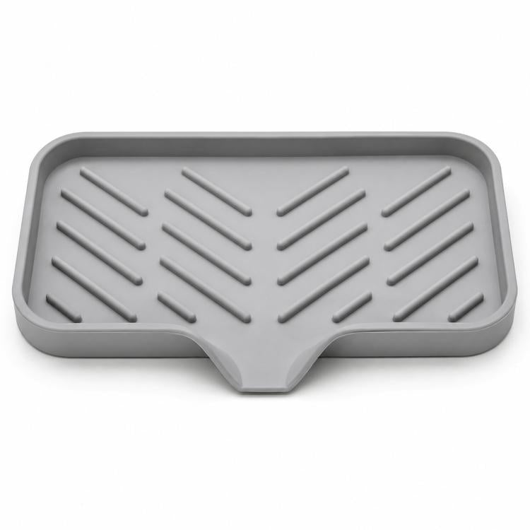 Large Silicone Sponge Holder for Kitchen Bathroom Sink 5-Degree Slanted Sink Tray with Drain Spout - Gray