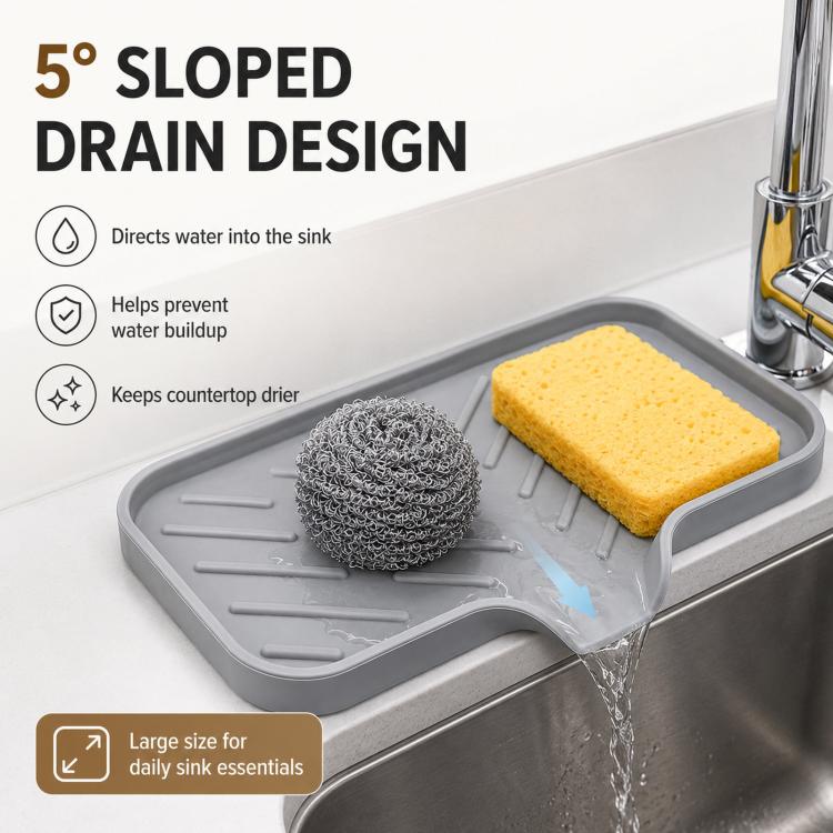 Large Silicone Sponge Holder for Kitchen Bathroom Sink 5-Degree Slanted Sink Tray with Drain Spout - Gray