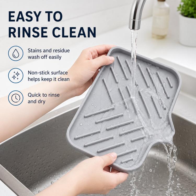 Large Silicone Sponge Holder for Kitchen Bathroom Sink 5-Degree Slanted Sink Tray with Drain Spout - Gray