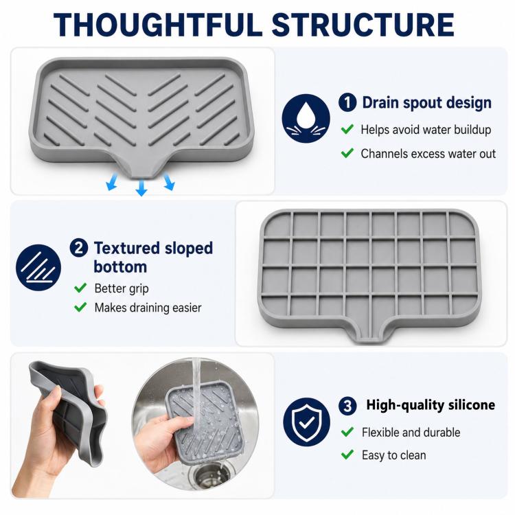 Large Silicone Sponge Holder for Kitchen Bathroom Sink 5-Degree Slanted Sink Tray with Drain Spout - Gray
