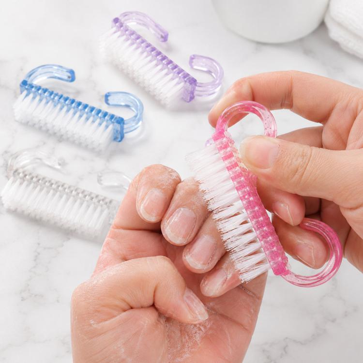 4pcs /Pack Horn Handle Nail Brush, Glitter Plastic Fingernail Scrub Brush for Dust Cleaning, Mini Manicure Hand Scrubbing Brush - Mixed Color
