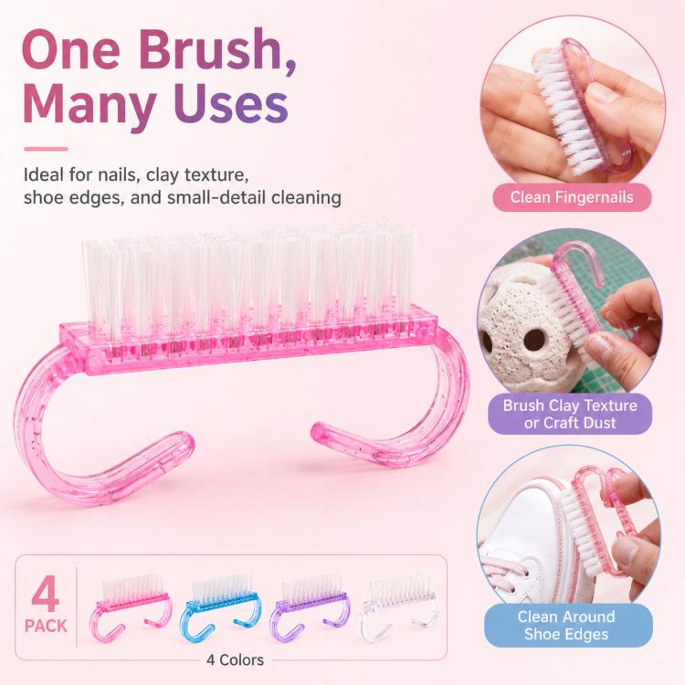 4pcs /Pack Horn Handle Nail Brush, Glitter Plastic Fingernail Scrub Brush for Dust Cleaning, Mini Manicure Hand Scrubbing Brush - Mixed Color