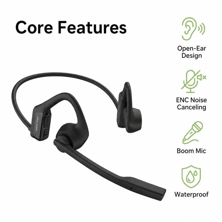 ENC Noise Reduction Bone Conduction Bluetooth Earphones Clear Call Wireless Microphone - Black