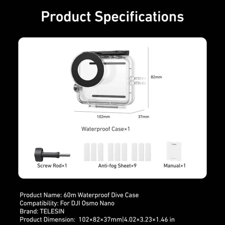 TELESIN 60m Waterproof Case for DJI Osmo Nano IPX8 Under-Water Dive Housing Anti-Fog Action Camera Protection Cover - Transparent