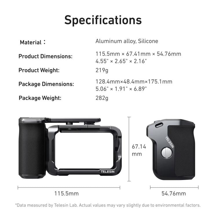For DJI Action 6 TELESIN Street Photography Grip Set Aluminum Alloy Camera Cage Hand Grip Rig - Black