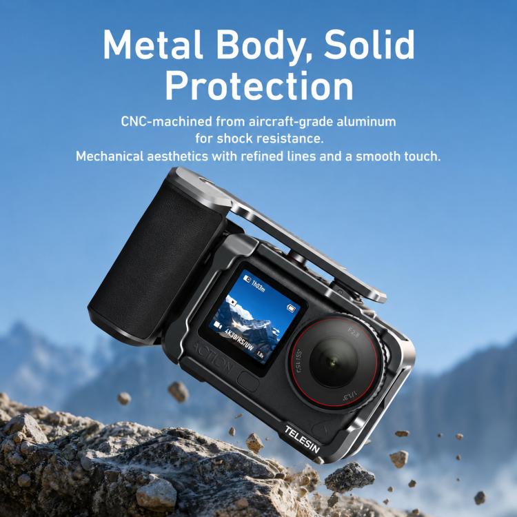 For DJI Action 6 TELESIN Street Photography Grip Set Aluminum Alloy Camera Cage Hand Grip Rig - Black