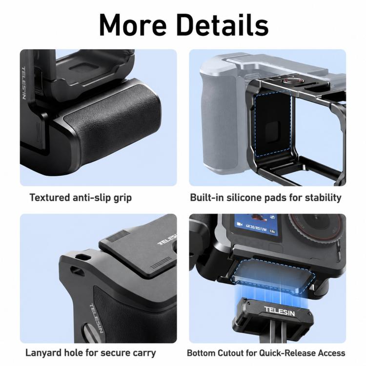 For DJI Action 6 TELESIN Street Photography Grip Set Aluminum Alloy Camera Cage Hand Grip Rig - Black