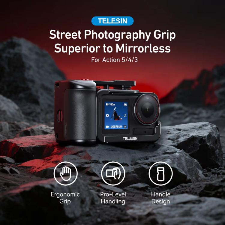 TELESIN StreetGrip Kit For DJI Osmo Action 5 Pro/4/3 Aluminum Alloy Camera Cage Hand Grip Rig - Black