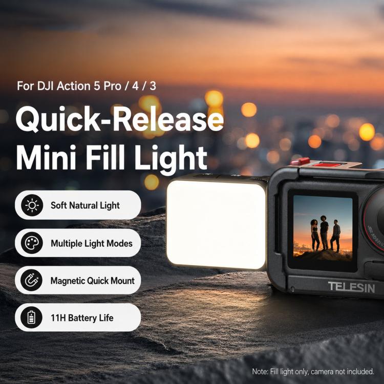 For DJI Action 5 Pro/4/3 TELESIN Quick-Release Mini Vlog Fill Light, IPX5 Waterproof Magnetic LED Video Light With 3 Color Temps - Black