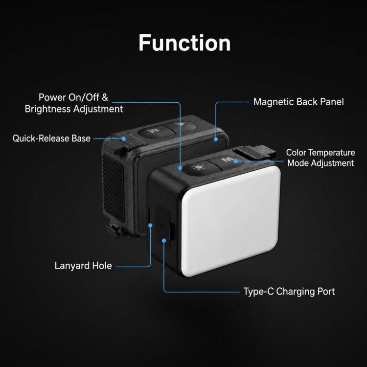 For DJI Action 5 Pro/4/3 TELESIN Quick-Release Mini Vlog Fill Light, IPX5 Waterproof Magnetic LED Video Light With 3 Color Temps - Black