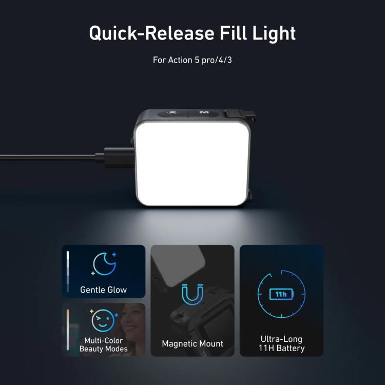 For DJI Action 5 Pro/4/3 TELESIN Quick-Release Mini Vlog Fill Light, IPX5 Waterproof Magnetic LED Video Light With 3 Color Temps - Black