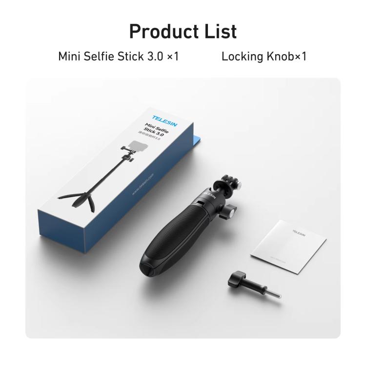 TELESIN Mini Selfie Stick Tripod 3.0 for Action Camera 18-46cm Extendable Aluminum Pole with 360-degree Ball Head - Black