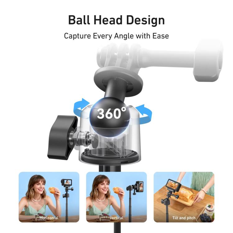 TELESIN Mini Selfie Stick Tripod 3.0 for Action Camera 18-46cm Extendable Aluminum Pole with 360-degree Ball Head - Black