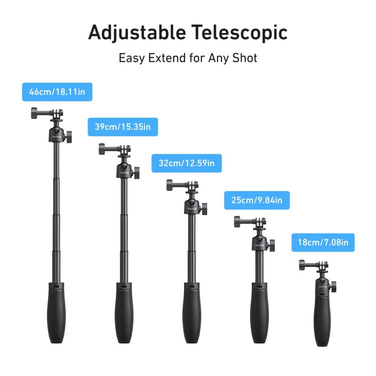 TELESIN Mini Selfie Stick Tripod 3.0 for Action Camera 18-46cm Extendable Aluminum Pole with 360-degree Ball Head - Black