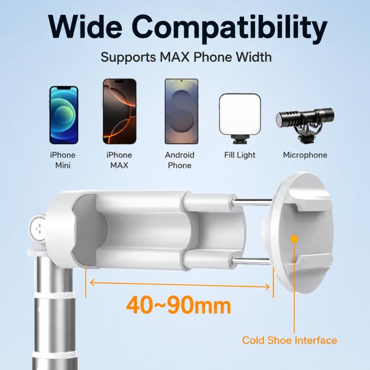TELESIN 1.7m Auto-Opening Tripod Selfie Stick with Magnetic Remote, Ground-Triggered Phone Tripod Stand with Cold Shoe Mount - White