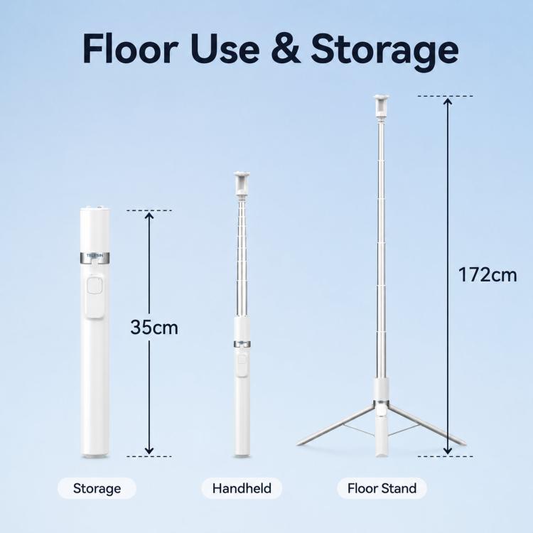 TELESIN 1.7m Auto-Opening Tripod Selfie Stick with Magnetic Remote, Ground-Triggered Phone Tripod Stand with Cold Shoe Mount - White