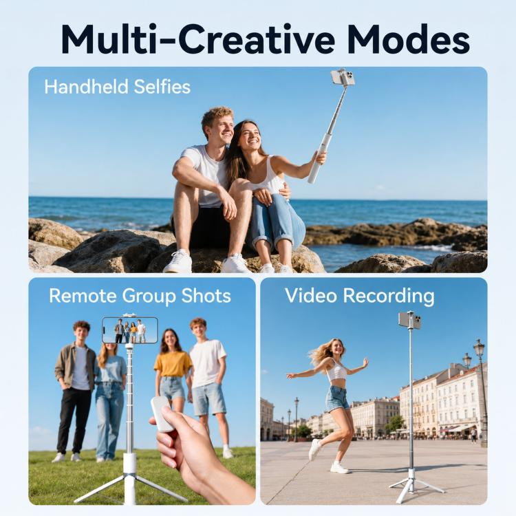 TELESIN 1.7m Auto-Opening Tripod Selfie Stick with Magnetic Remote, Ground-Triggered Phone Tripod Stand with Cold Shoe Mount - White