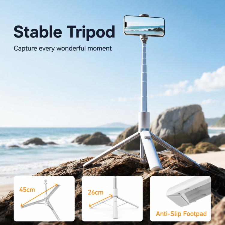 TELESIN 1.7m Auto-Opening Tripod Selfie Stick with Magnetic Remote, Ground-Triggered Phone Tripod Stand with Cold Shoe Mount - White