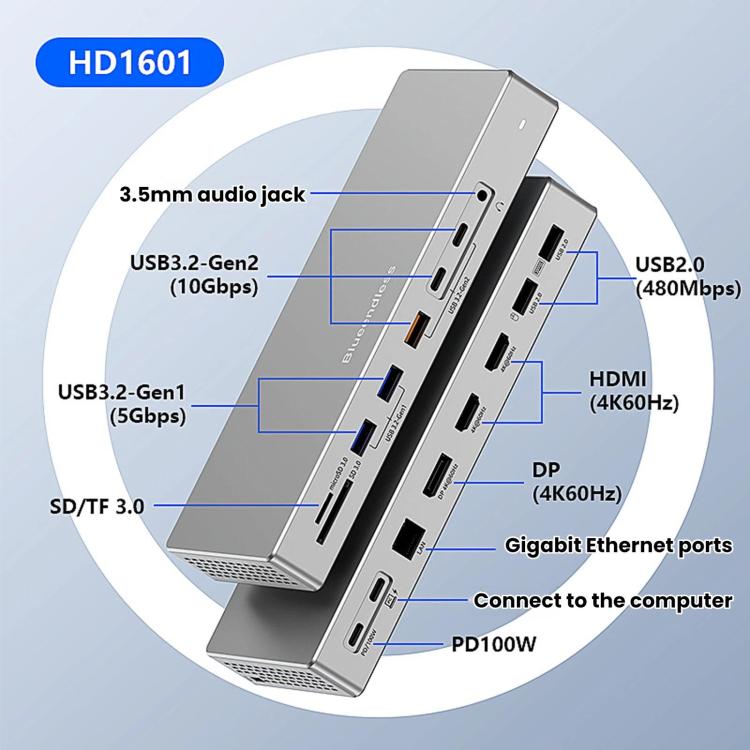 16 In 1 Laptop Quad-Screen Display Expansion Dock Type-C 3.2 Hub