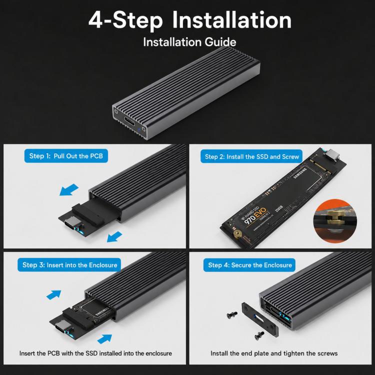 Blueendless 2806N M.2 NVMe SSD Enclosure 10Gbps Aluminum External Solid State Drive Case USB-C To USB-A Cable Included