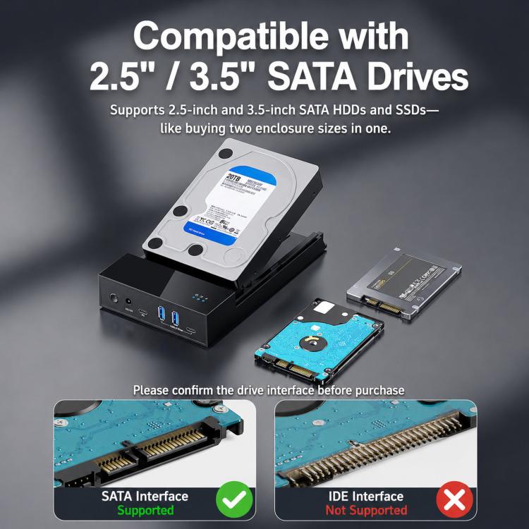 Blueendless 3.5/2.5 Inch SATA External Hard Drive Enclosure With Built-In USB 3.0 Hub USB To SATA HDD SSD Case Max 20TB UK Plug