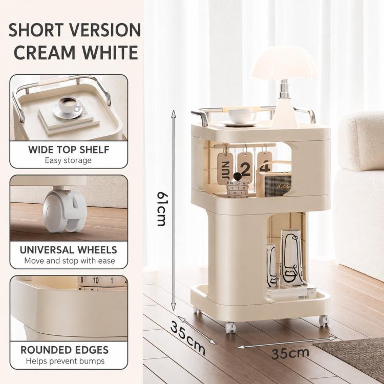 Mobile Side Table with Wheels 3-Tier Rolling Utility Cart Lockable Bedside Nightstand, Spec: Short Type Cream