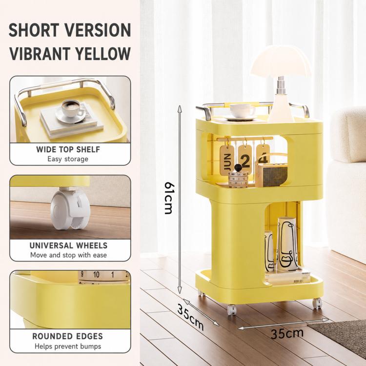Mobile Side Table with Wheels 3-Tier Rolling Utility Cart Lockable Bedside Nightstand, Spec: Short Type Yellow