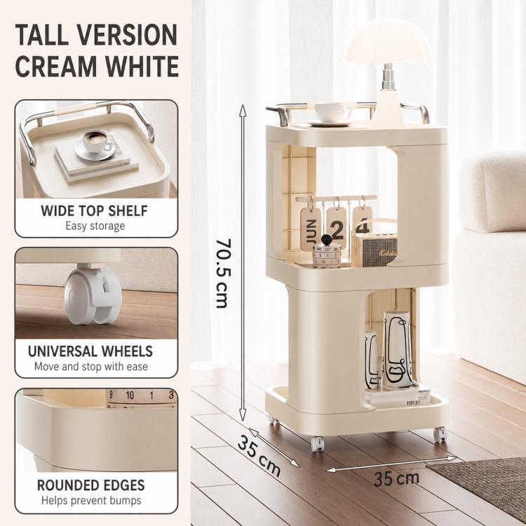 Mobile Side Table with Wheels 3-Tier Rolling Utility Cart Lockable Bedside Nightstand, Spec: Tall Type Cream