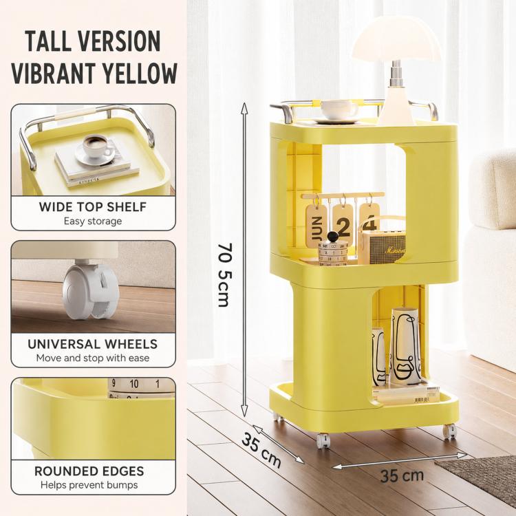 Mobile Side Table with Wheels 3-Tier Rolling Utility Cart Lockable Bedside Nightstand, Spec: Tall Type Yellow