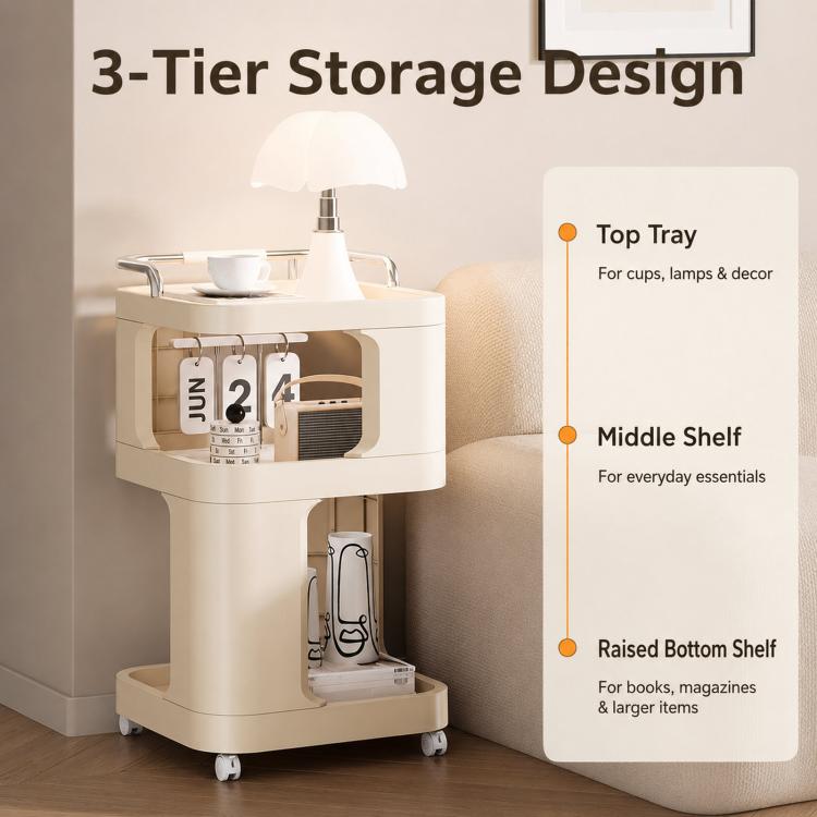 Mobile Side Table with Wheels 3-Tier Rolling Utility Cart Lockable Bedside Nightstand, Spec: Tall Type Yellow