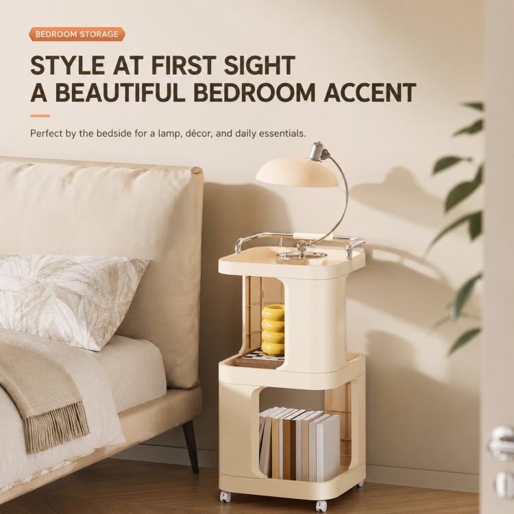 Mobile Side Table with Wheels 3-Tier Rolling Utility Cart Lockable Bedside Nightstand, Spec: Short Type Cream