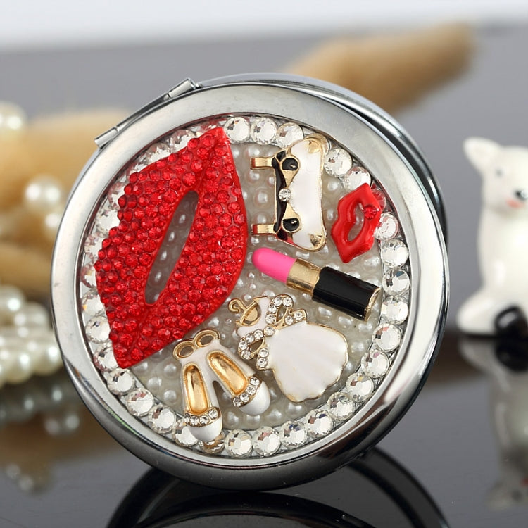 Handmade DIY Diamond Mini Portable Folding Double-side Face Makeup Mirror Red Lips Lipstick Mirror