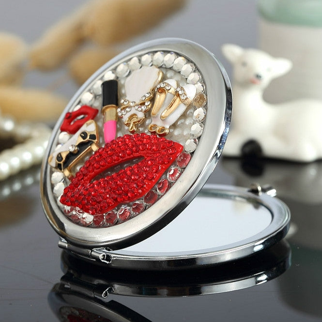 Handmade DIY Diamond Mini Portable Folding Double-side Face Makeup Mirror Red Lips Lipstick Mirror